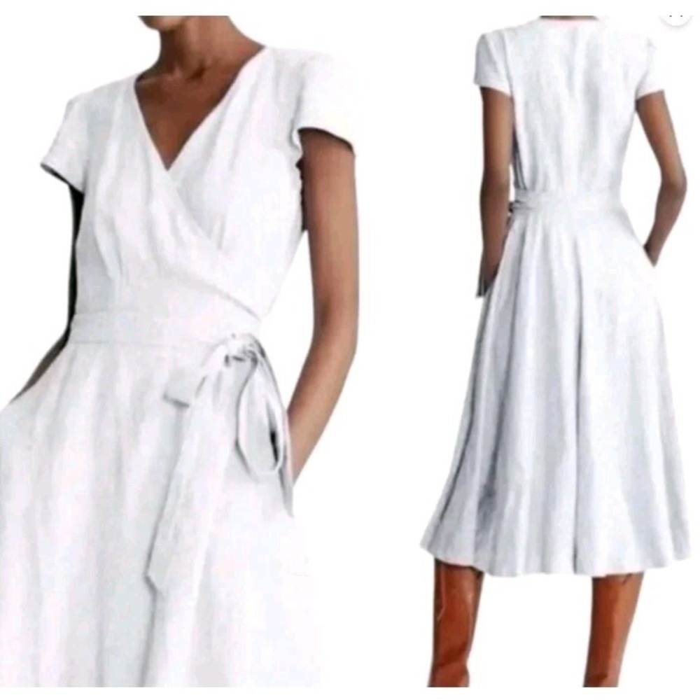 NWT Polo Ralph Lauren White Linen Wrap Dress Size 14 V-Neck Midi Short Sleeve